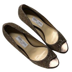 Jimmy Choo Luna Glitter Heel Peep-Toe Pumps size 40.5